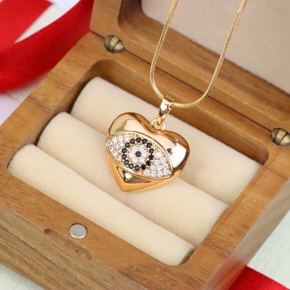 "Heart Evil Eye Rose Gold Pendant with Crystals, XPPT1582 - Picture 5 of 13